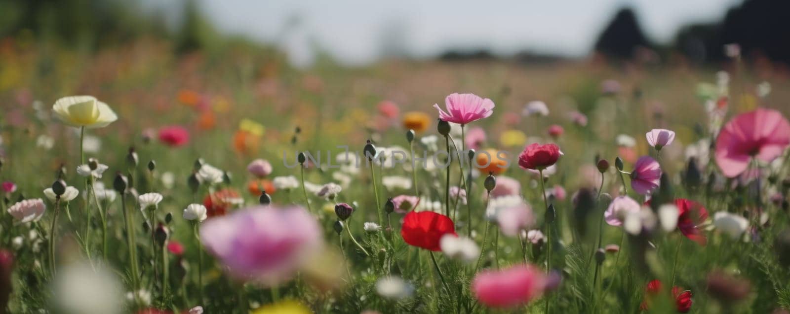 A breathtaking view of a field filled with pink and white flowers in full bloom under a bright blue sky and sunny day. AI Generative.