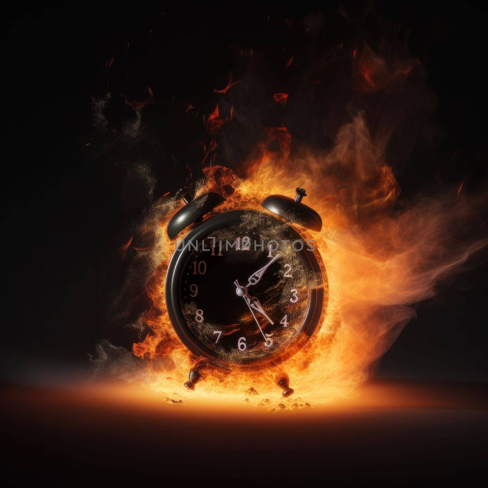 A black alarm clock with large numbers on a dark background with fiery particles, representing the urgency and importance of time management. Is AI Generative.