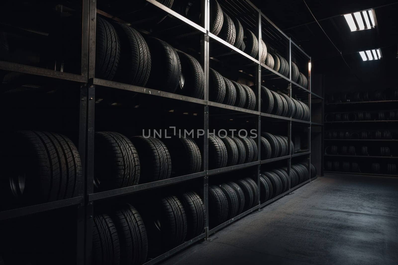 An abstract background of car tires stacked on top of each other, with a mix of tread patterns and textures. AI Generative