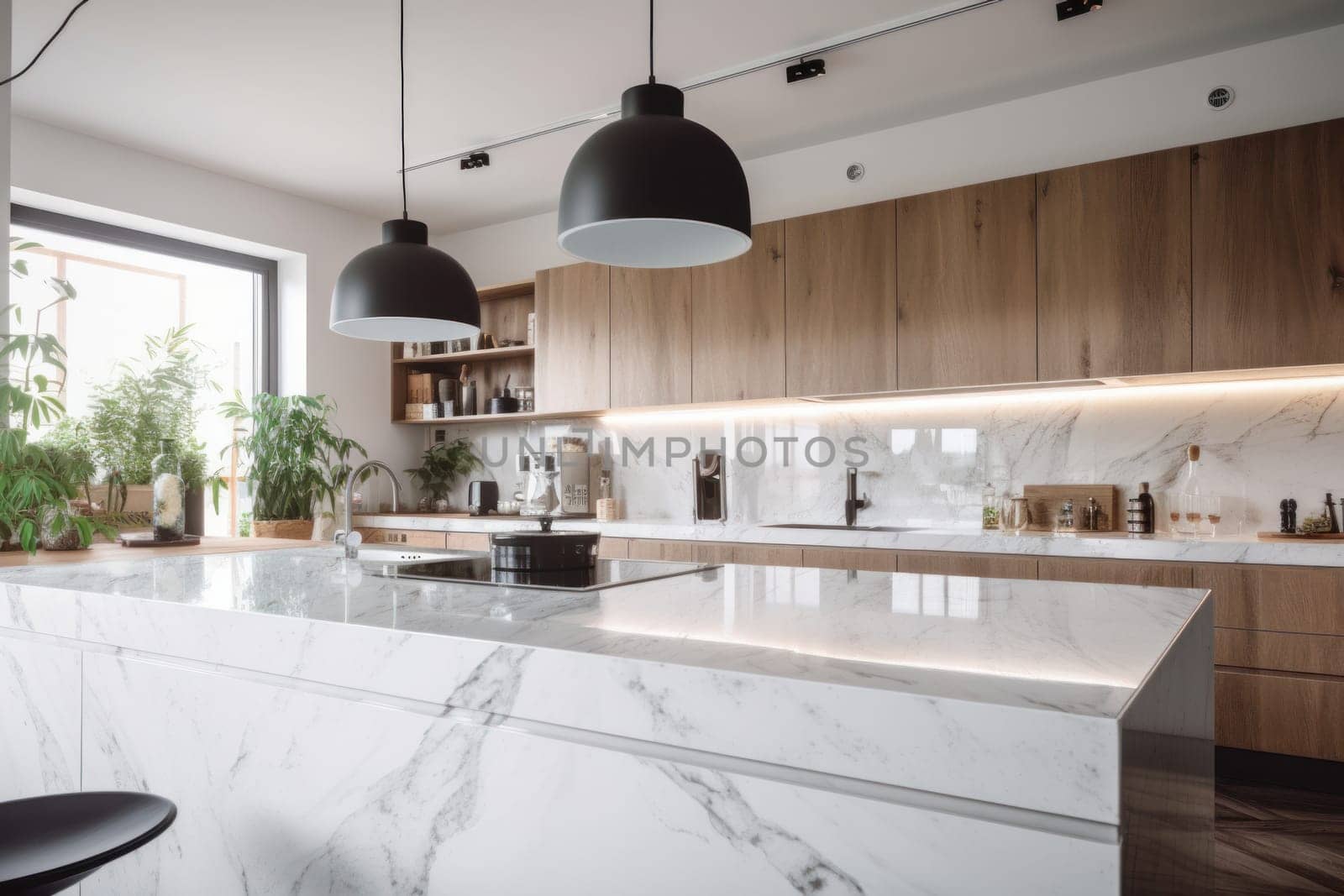 Luxurious kitchen design featuring white cabinets, marble background, and a stunning wooden countertop, perfect for entertaining guests. AI Generative.