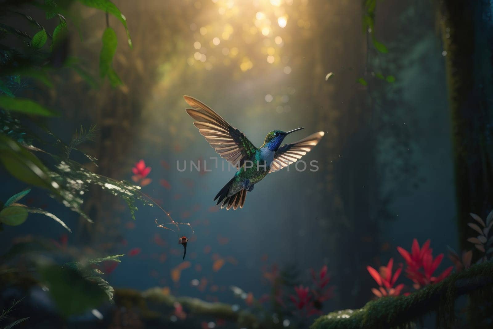A close-up of a hummingbird's wings, showcasing the intricate details of its feathers. A stunning sight to behold in the heart of a forest. AI Generative.