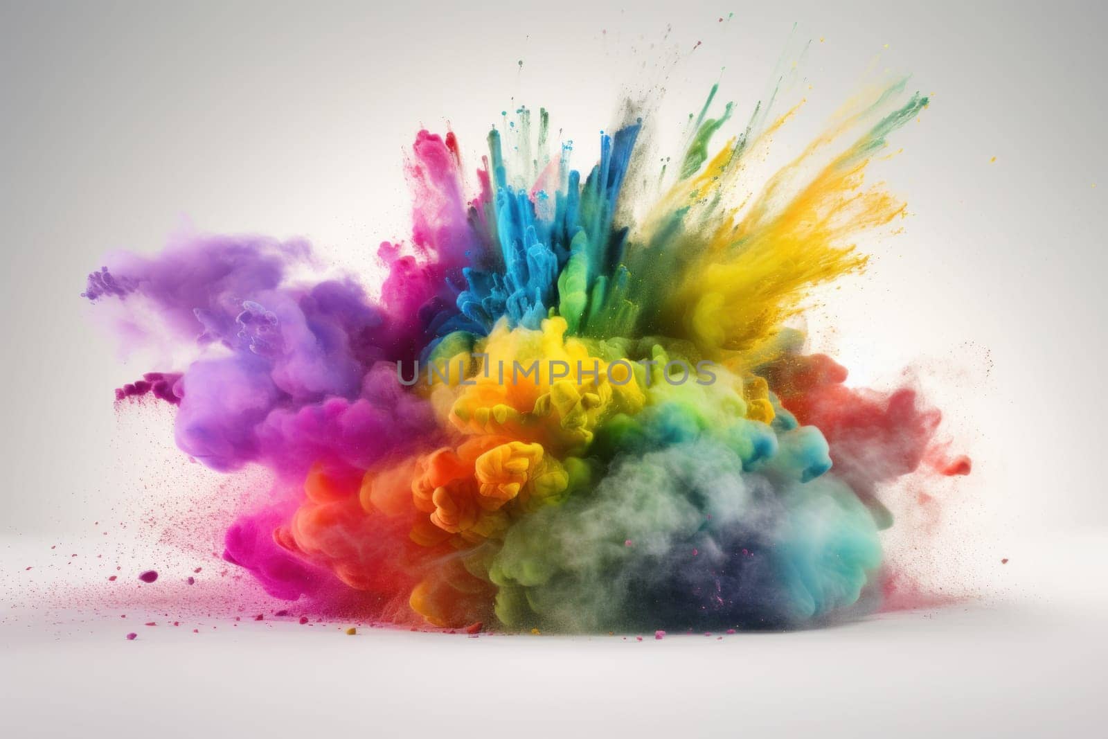 Multicolored powder explosion creates a smoke-like effect against a clean white background. A creative and unique shot. AI Generative.