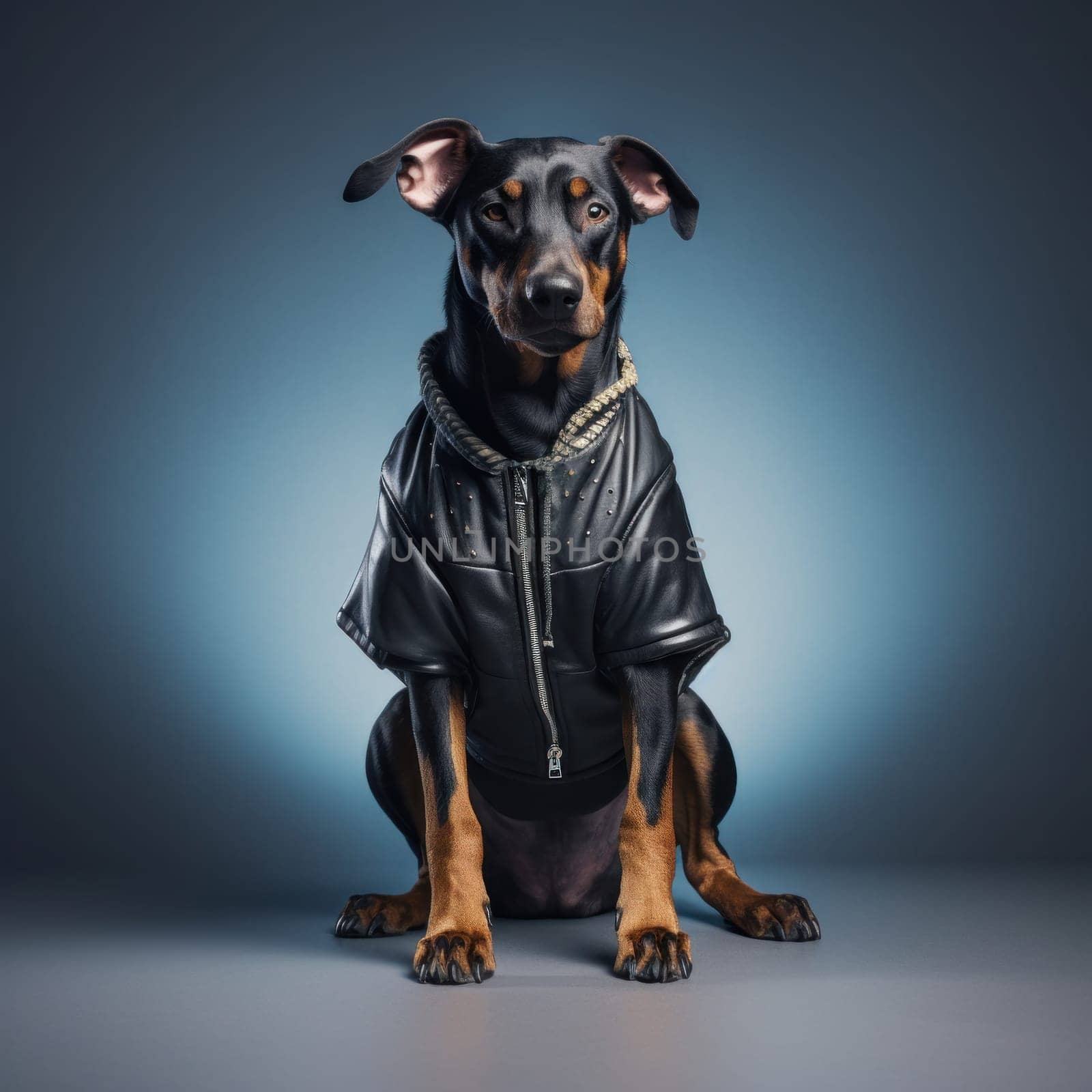 This cute dog looks comfortable and trendy in a black and brown hoodie, perfect for a walk in the city or a cozy night in. Modern pet fashion, AI Generative.