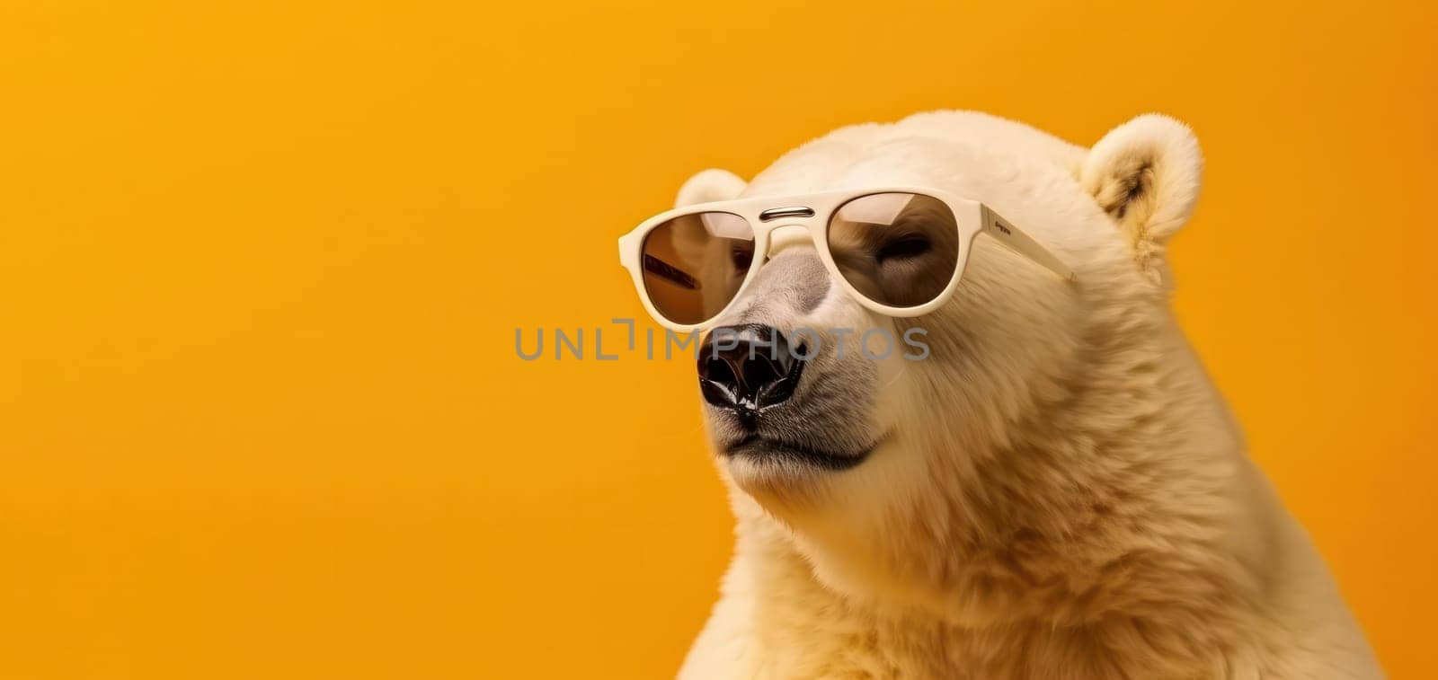 Endangered polar bear sporting trendy shades on a yellow background, highlighting the need for conservation efforts. AI Generative.