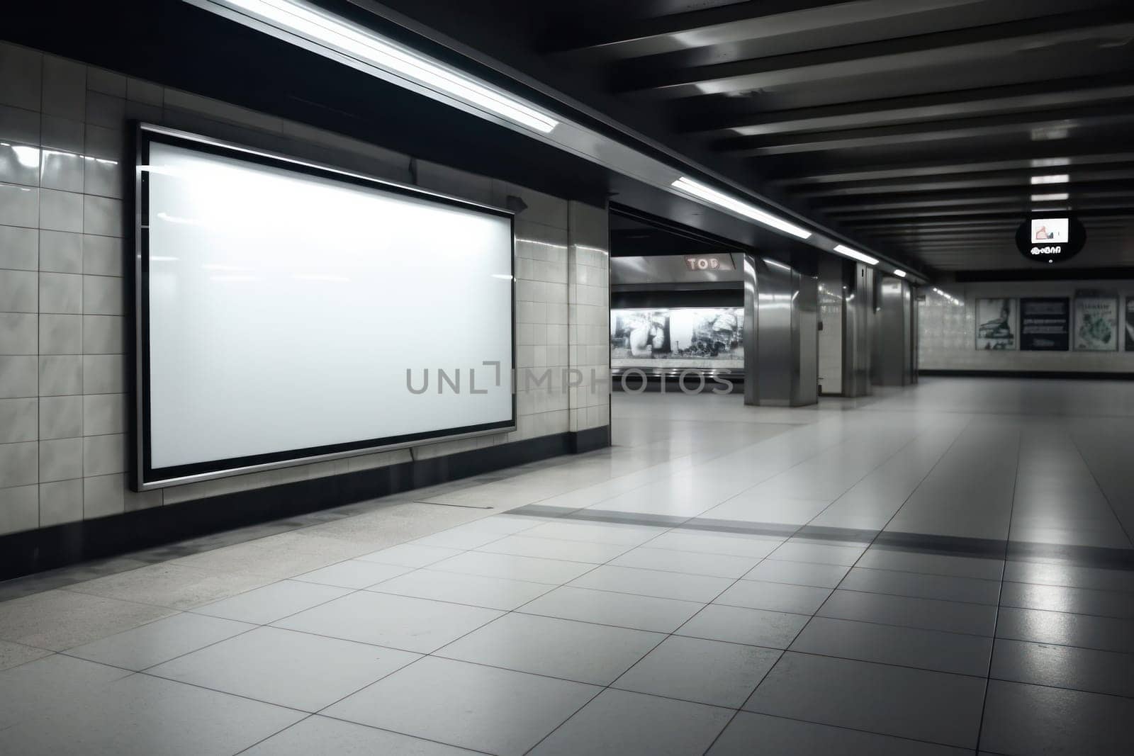 Vintage subway platform with a blank TV screen, a glimpse into the past. Perfect for modern installations or exhibits. Moody atmosphere in abandoned station. AI Generative.