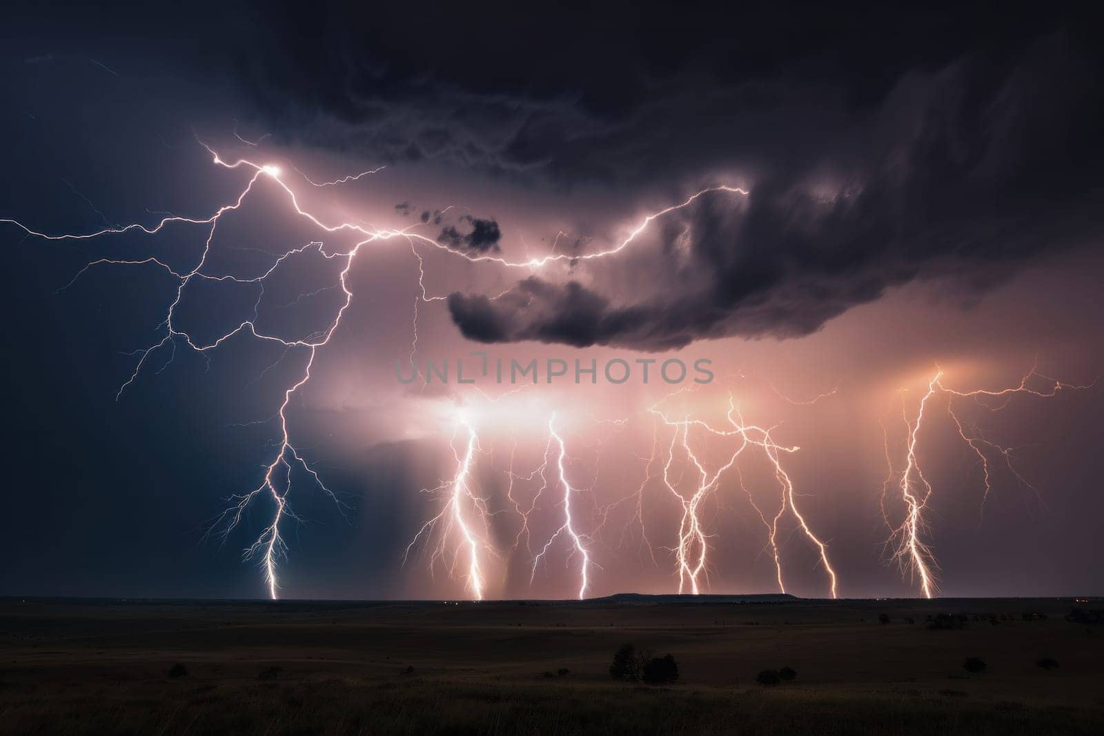 Amidst a dramatic lightning storm, a field is illuminated by flashes of lightning, highlighting the natural beauty and power of the sky. AI Generative.