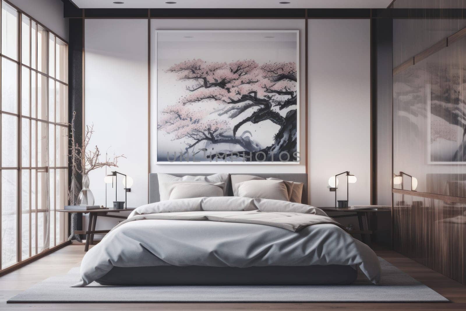 Enjoy a peaceful night's sleep in this cozy bedroom with a comfortable bed and natural light filtering through the window. AI Generative