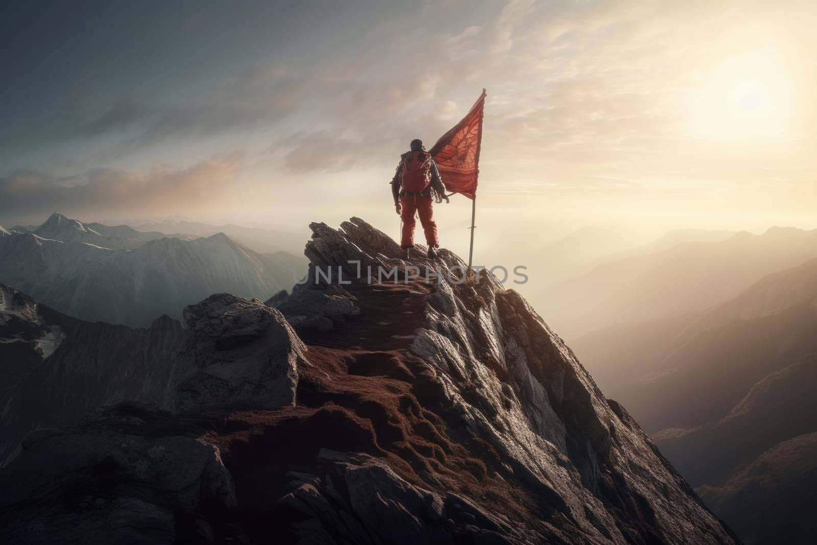 Hiker reaching the mountain summit with backpack, finding inspiration and motivation in the scenic wilderness landscape. AI Generative