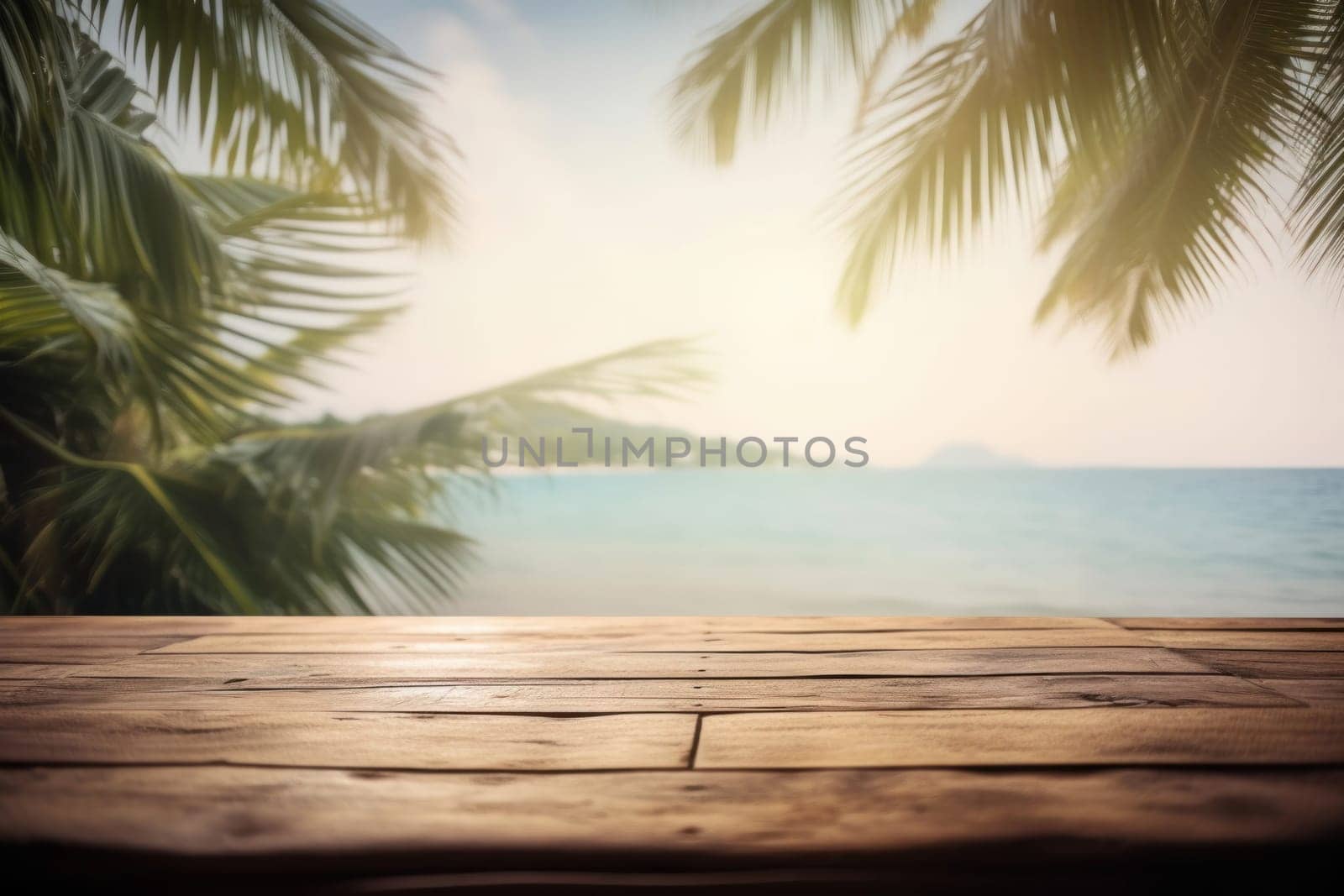 Sunny, natural coastal scenery with waves and sand viewed from a wooden table. Tranquil and peaceful. Generative AI.
