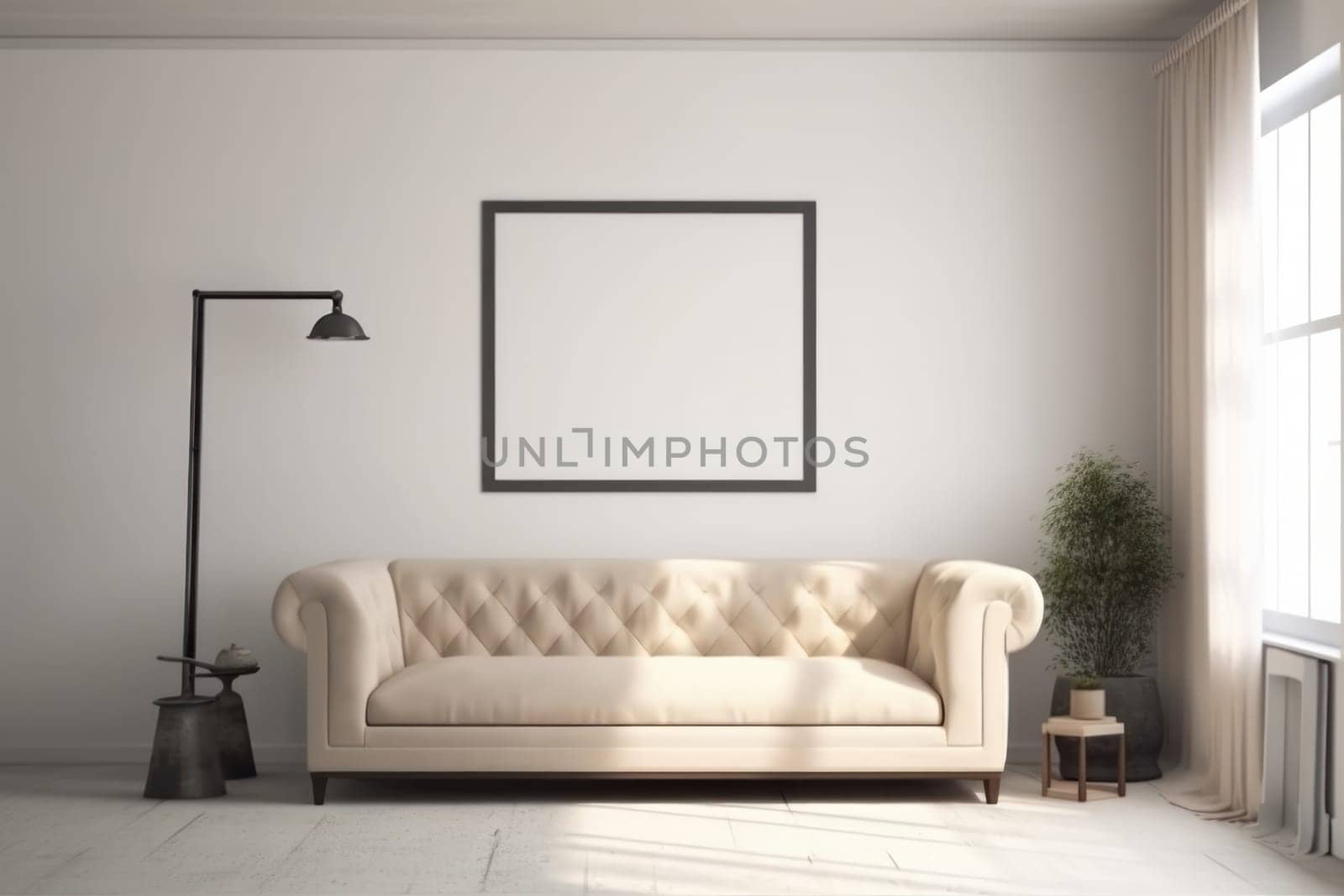 Relax and unwind in this cozy living room with a comfortable white couch and natural light pouring in from the window. AI Generative