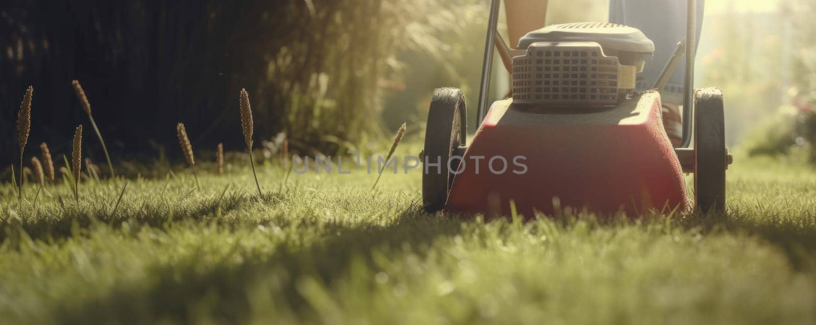 Green thumb woman mowing the grass with a lawnmower on a sunny day, maintaining the landscape. AI Generative.