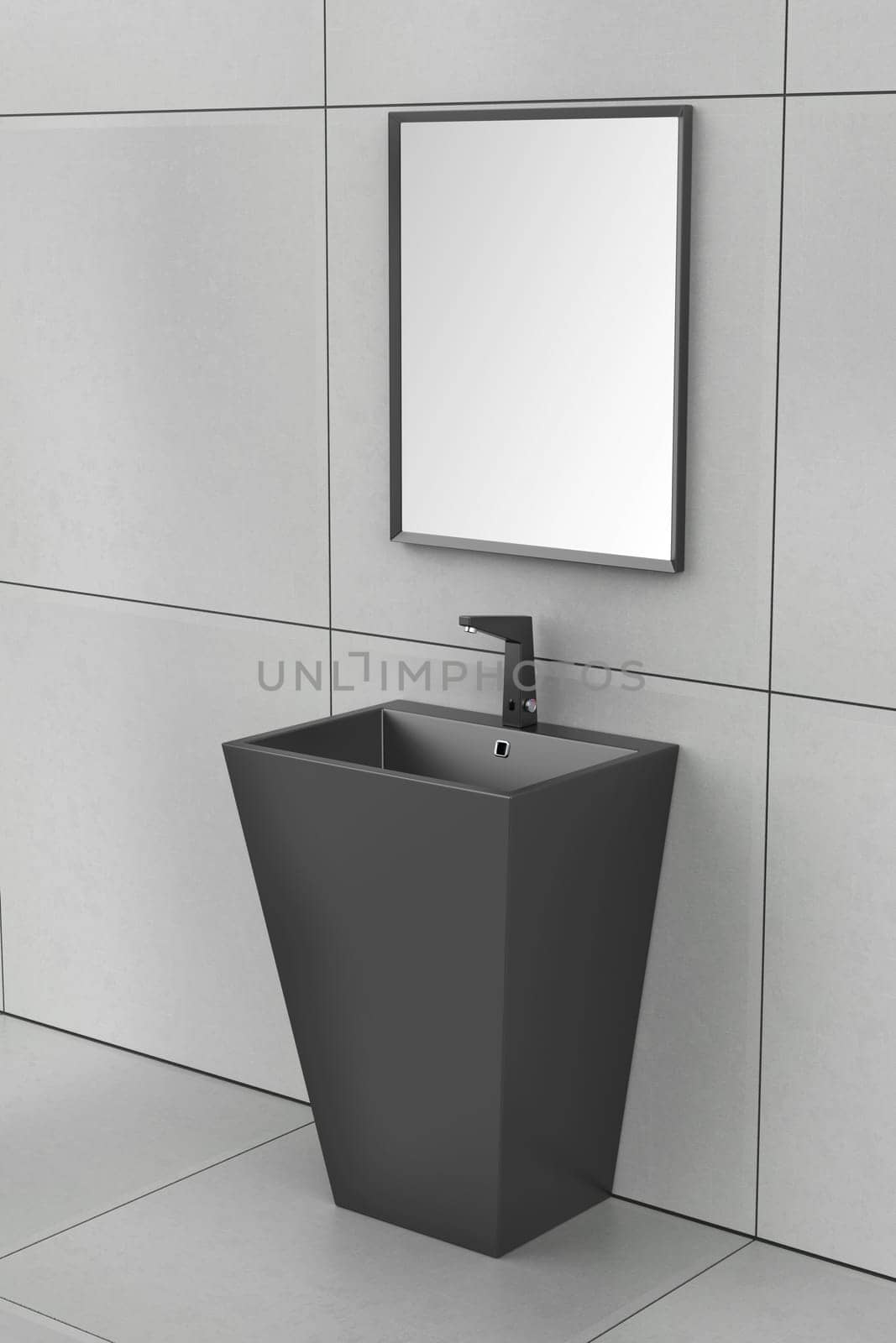 Black floor mounted wash basin with sensor faucet and mirror in the bathroom
