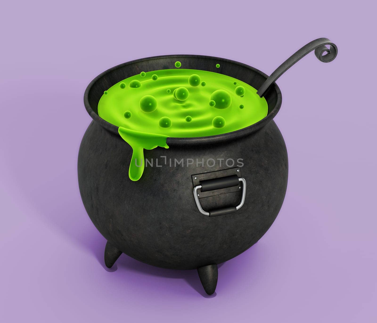 Witch cauldron full of green bubbling liquid standing on purple background. 3D illustration.
