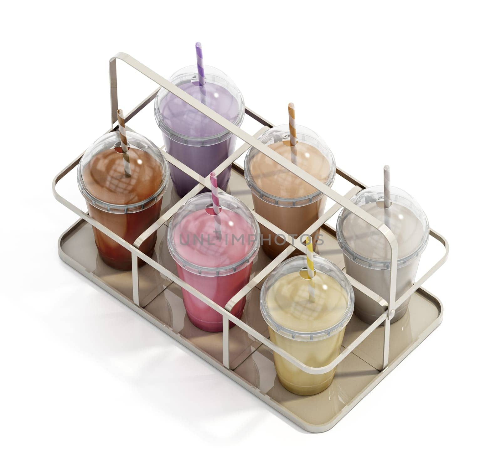 Milkshake disposable cups on tray. 3D illustration.