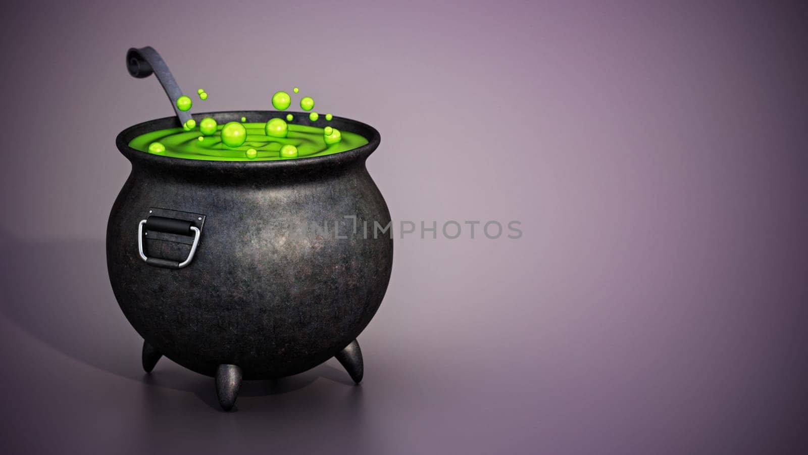 Witch cauldron full of green bubbling liquid standing on purple background. Copy space on the right. 3D illustration.