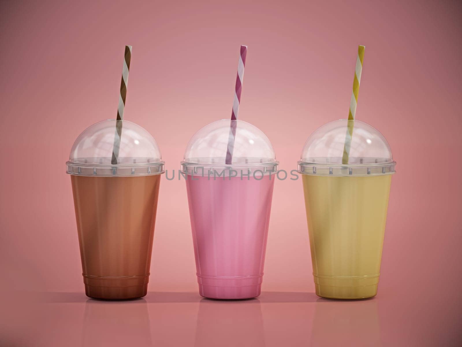 Milkshake disposable cups on pink background. 3D illustration.