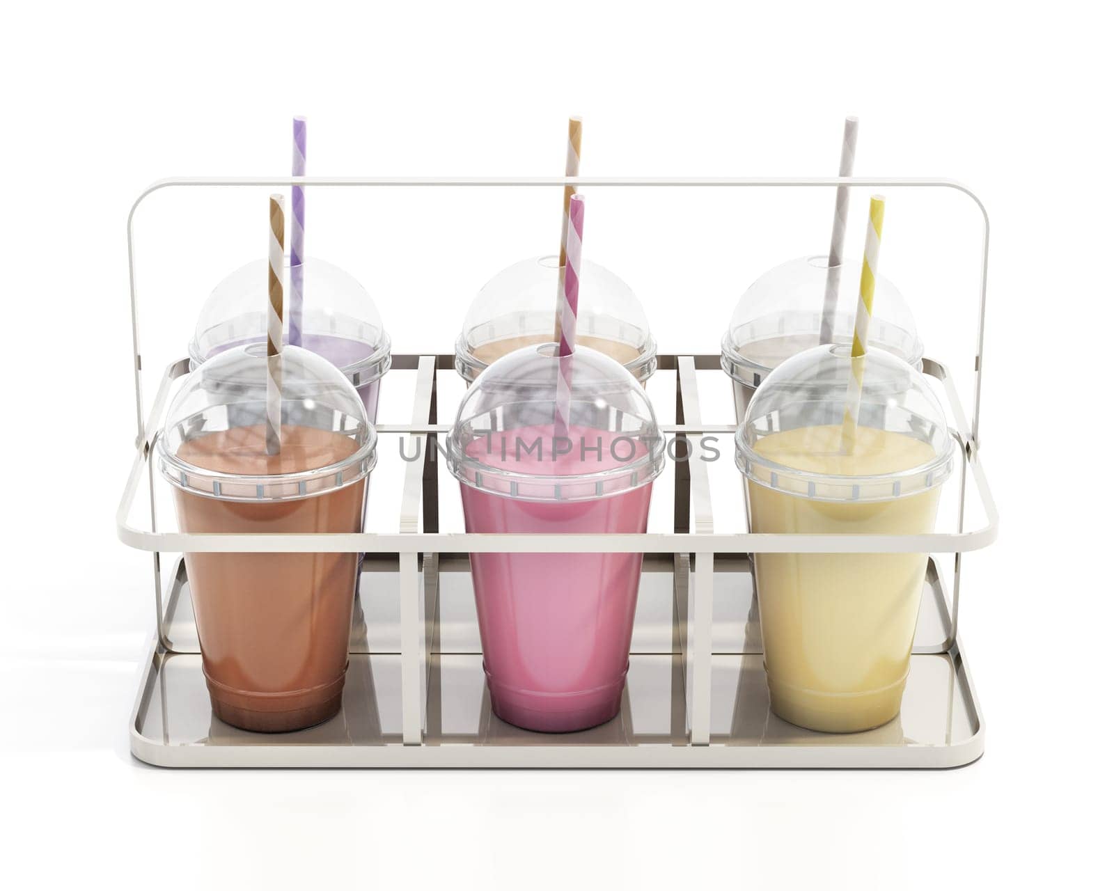 Milkshake disposable cups on tray. 3D illustration.
