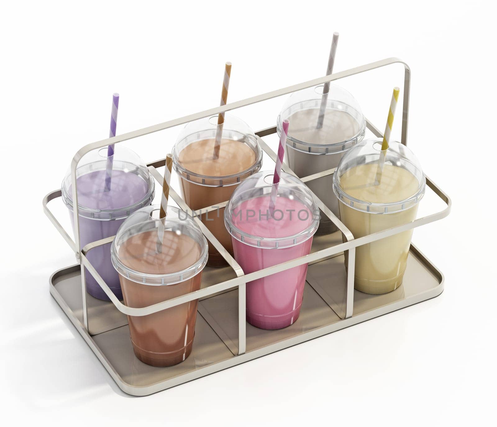 Milkshake disposable cups on tray. 3D illustration.