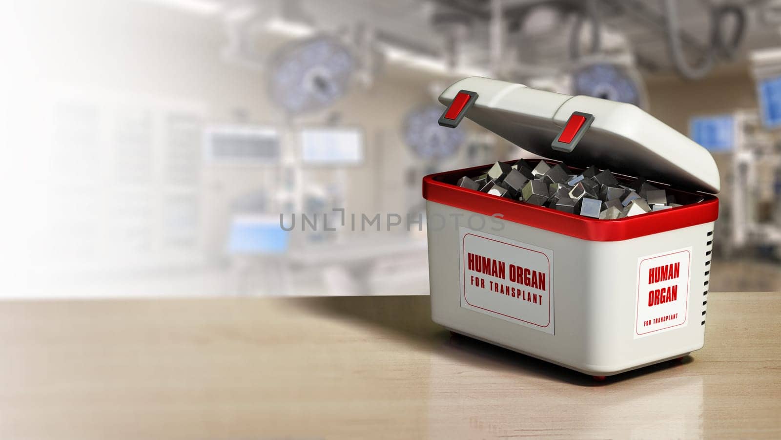 Human organ transport box in the operating room. With copy space. 3D illustration.