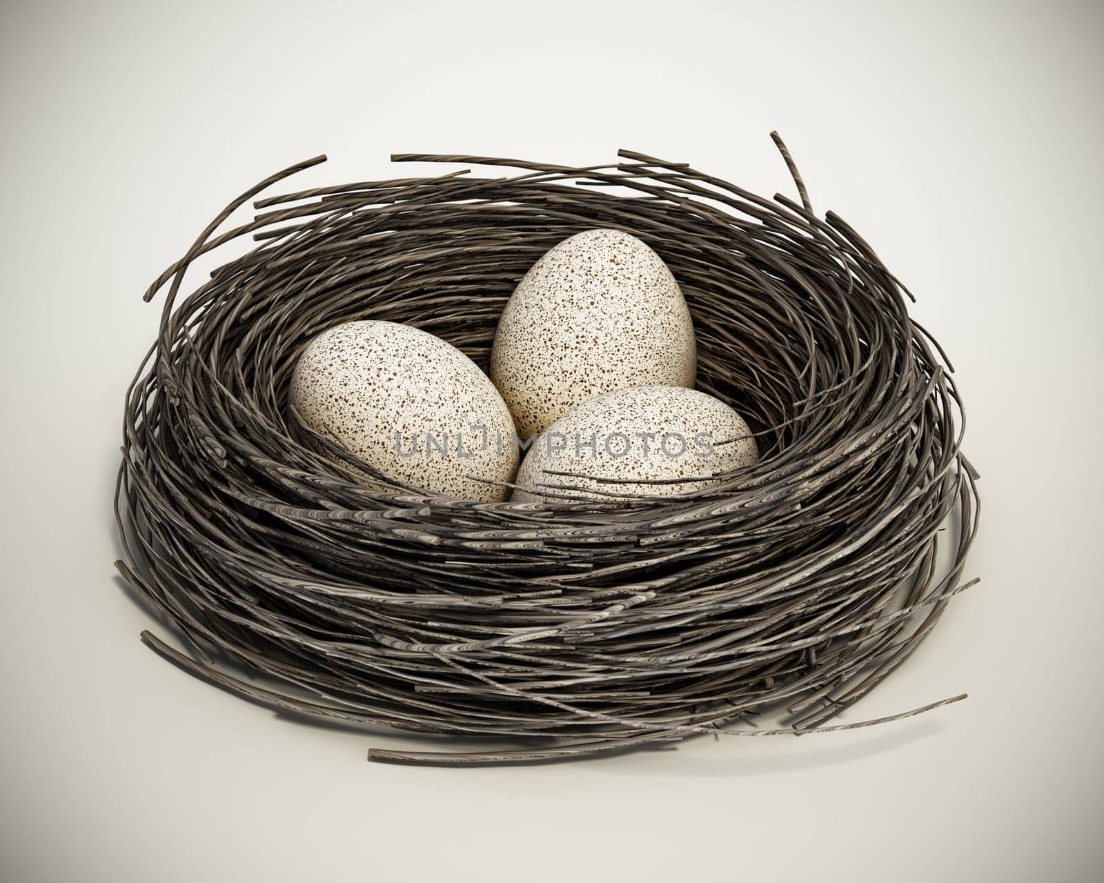 Three bird eggs inside bird's nest. 3D illustration.