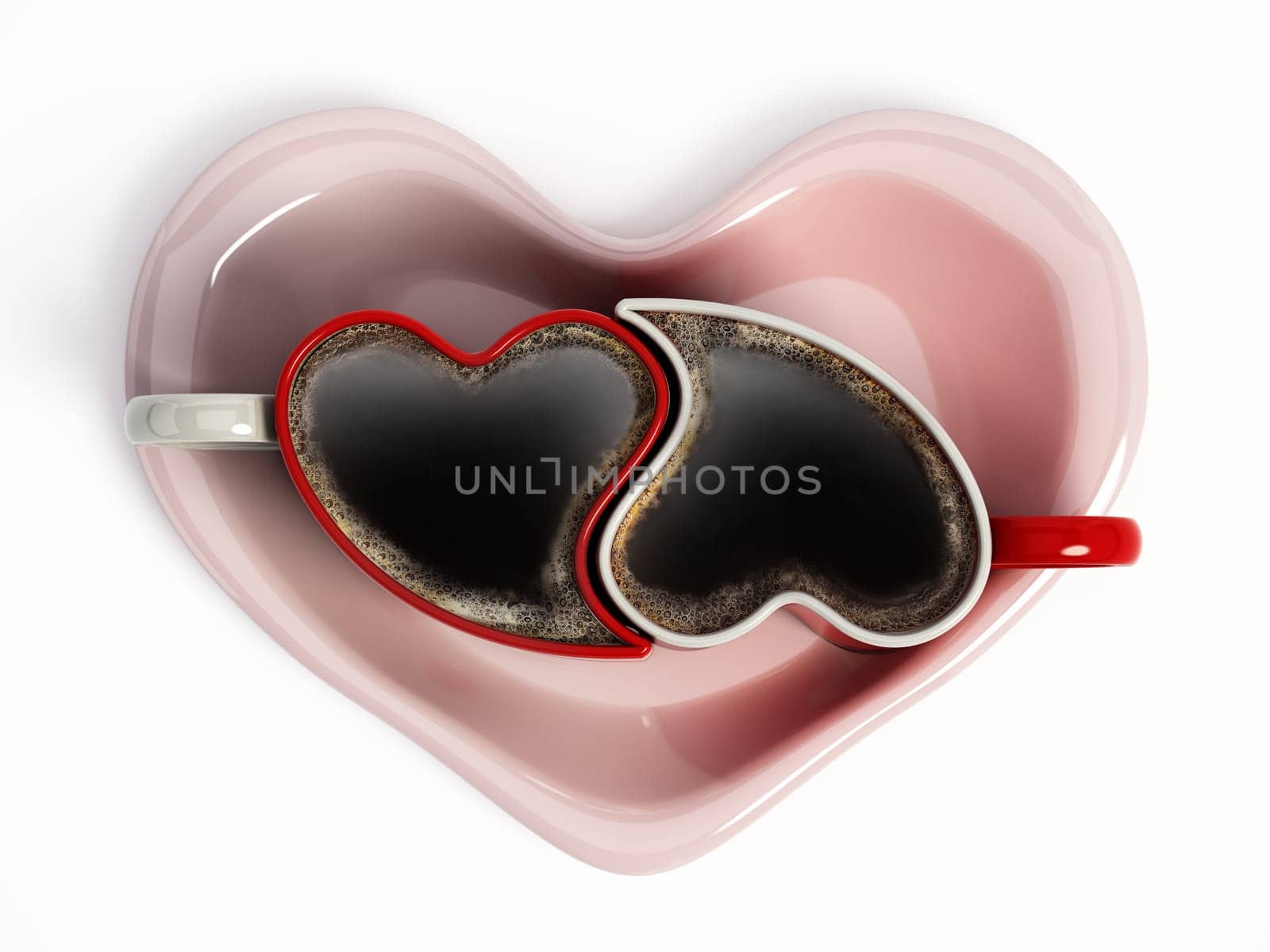 Heart shaped coffee cups on pink heart shaped saucer. 3D illustration.