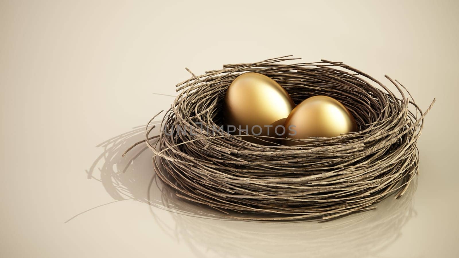 Golden eggs inside bird's nest. Copy space on the left side. 3D illustration.