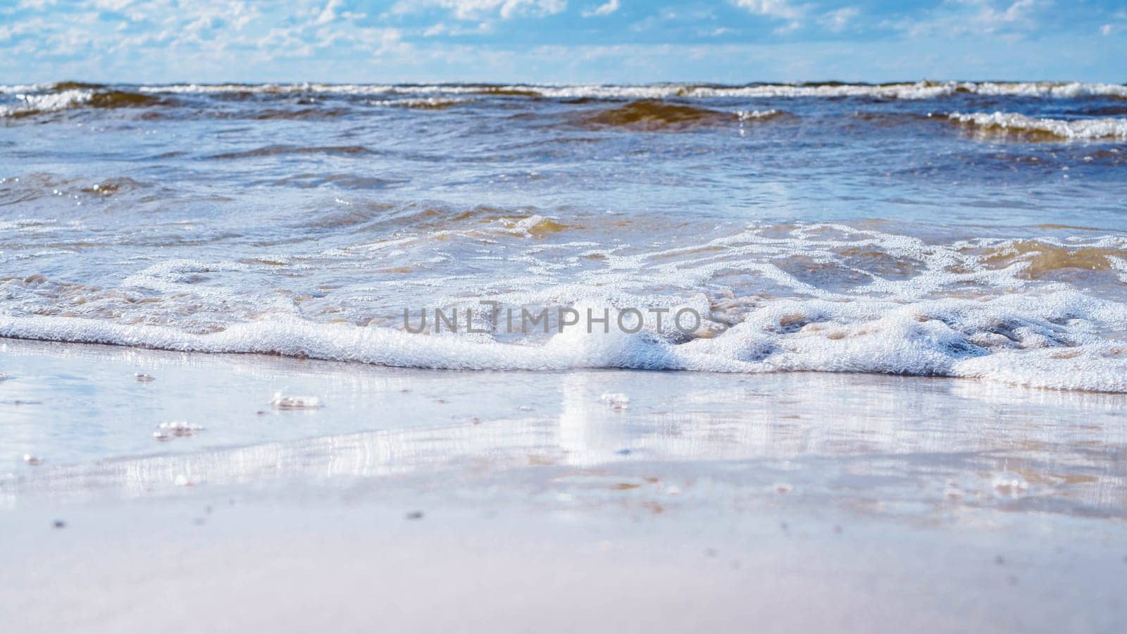 Serene seascape, sky, waves and sand. Meditation and relaxation. Breath of sea. Wonderful moments of life. Tourism and travel. Splendor of nature. Rest and pleasure. Enjoying beautiful.