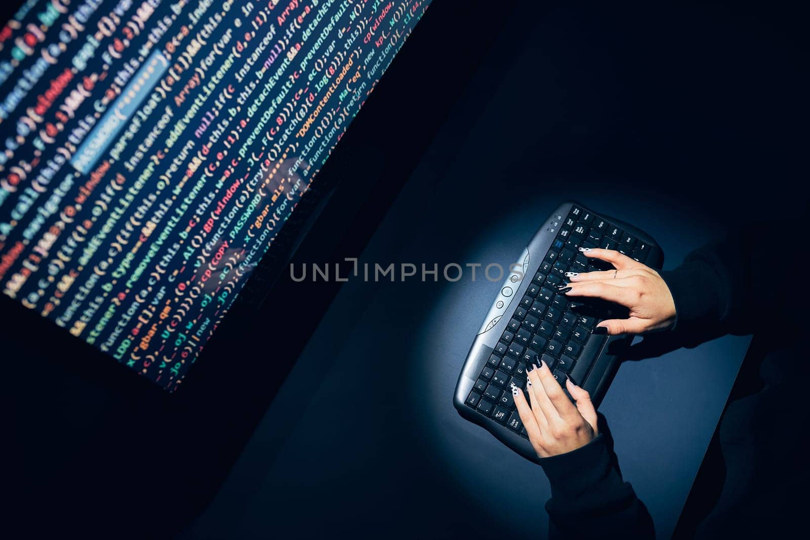Cyber security threat. Young woman using computer and coding. Internet and network security. Stealing private information. Person using technology to steal password and private data. Cyber attack crime