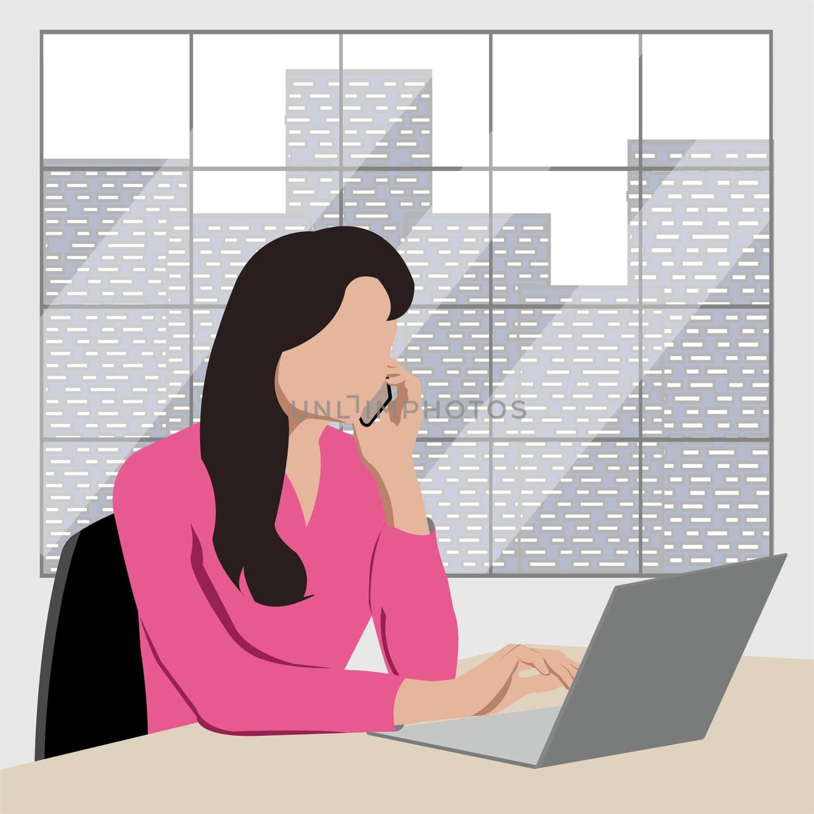 A faceless girl with a phone in her hand sits at a laptop in the office against the background of a window. Online education concept, business concept. Vector image.
