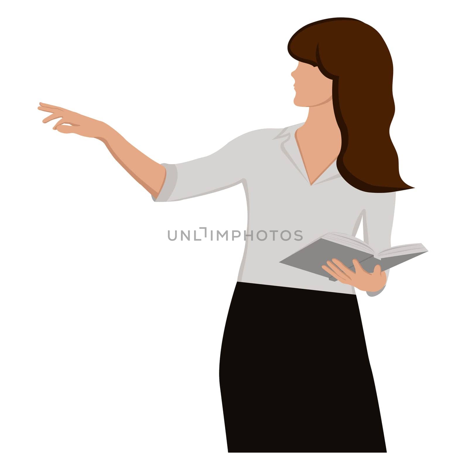 Faceless girl with a book and a raised hand on a white background. Learning concept, business concept. Vector image.