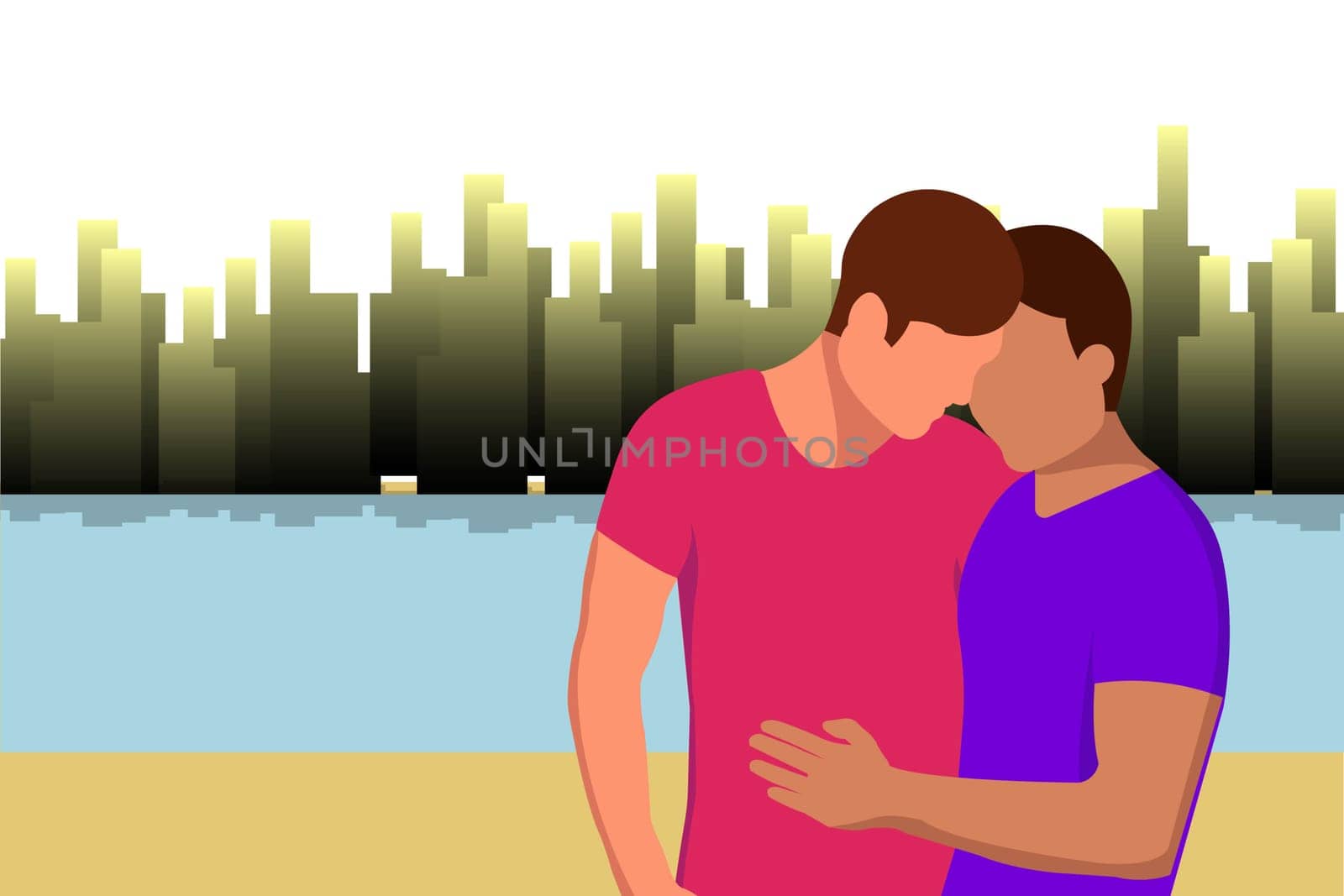 Two guys stand hugging on the river bank against the backdrop of the city. Vector image.