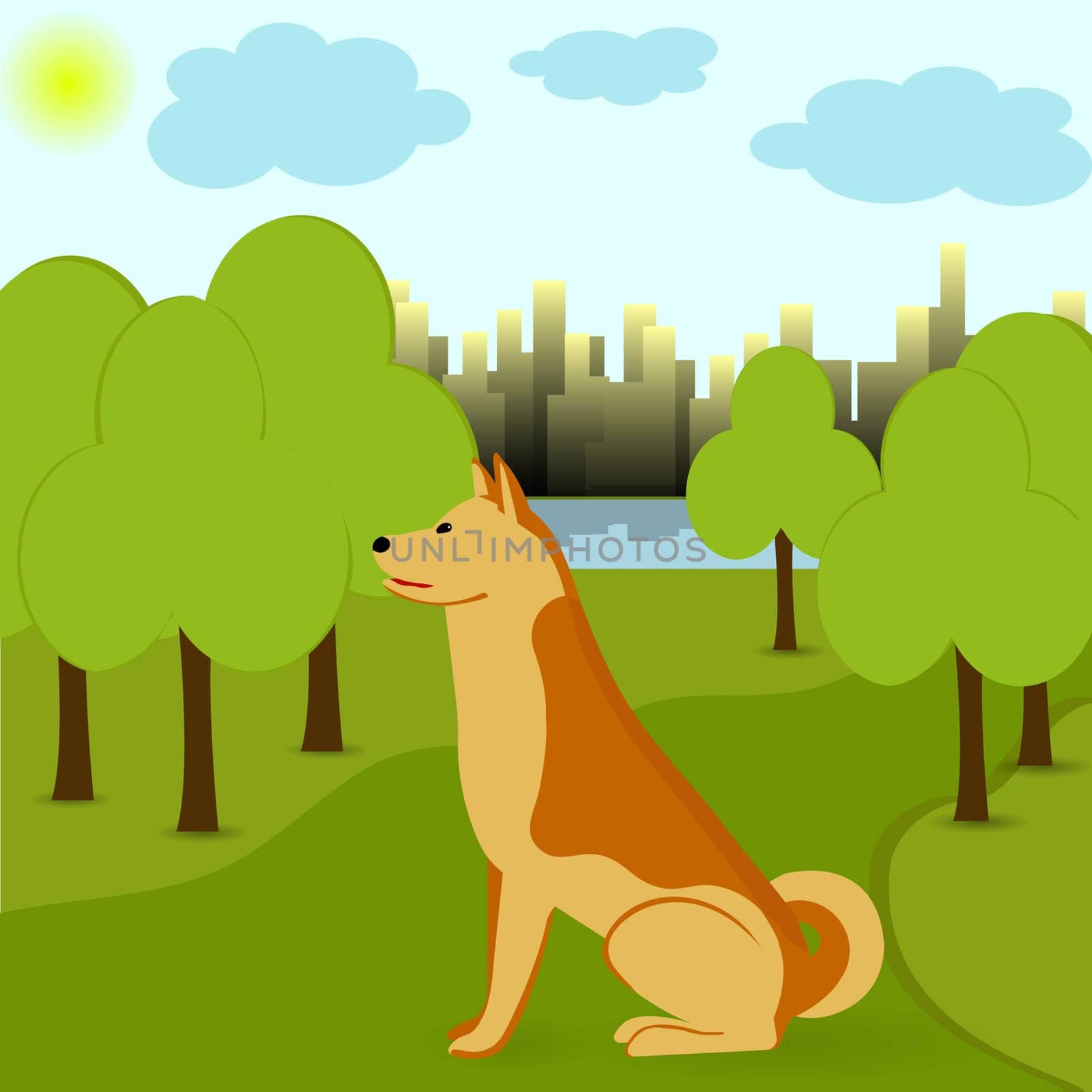 A red dog without an owner sits on a path in a city park. Vector image.