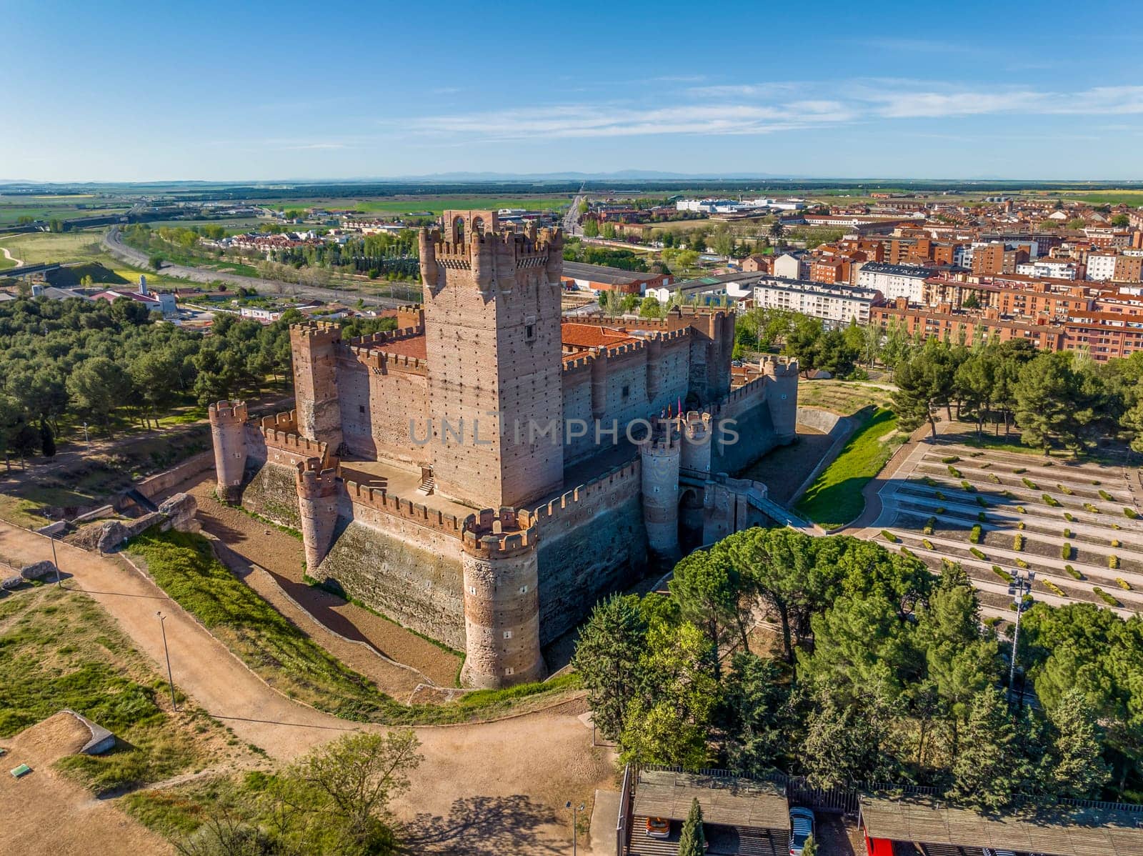 Side aerial panoramic view The medieval Castle of la Mota  in Medina del Campo, Valladolid, Castilla y Leon, Spain