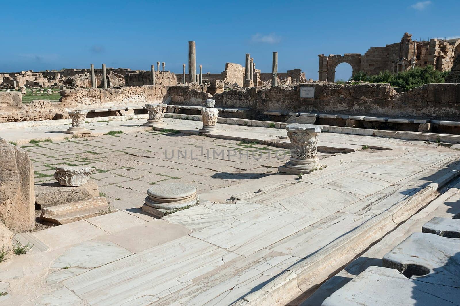 Archaeological site of Leptis Magna, Libya - 10/30/2006:  The latrine (Forica) in the Baths of Hadrian in ancient Roman city of Leptis Magna.