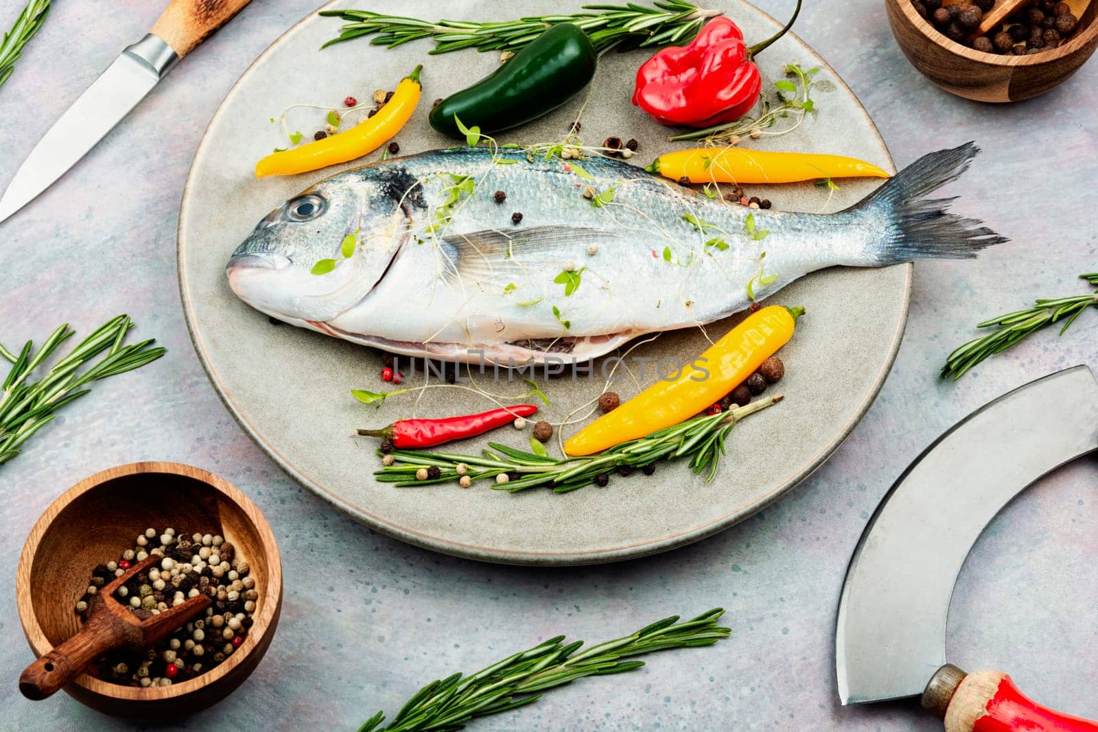 Uncooked whole dorado fish with spicy herbs on rustic wooden background