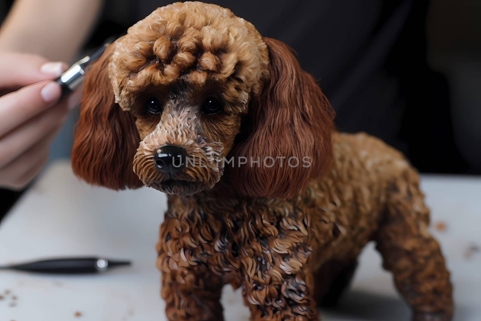 The poodle is patiently sitting while getting a stylish haircut and looks like a completely new dog.