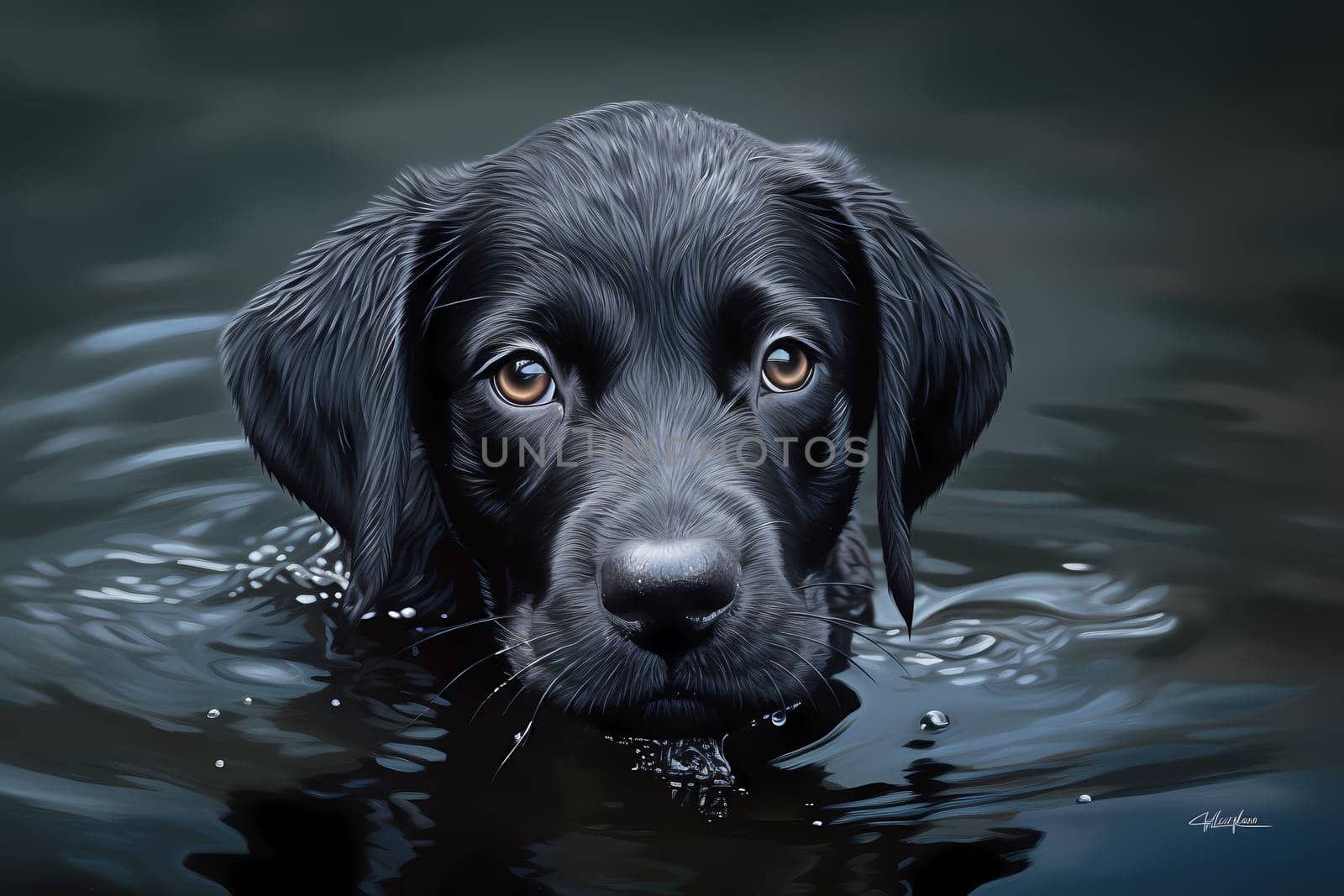 The puppy paddles excitedly in the water, splashing and wagging its tail.