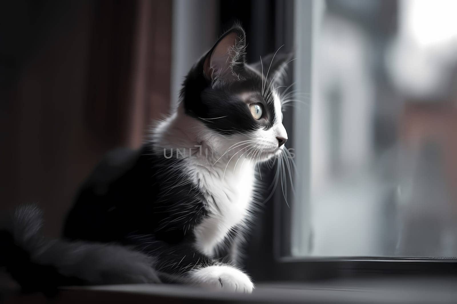 The little black and white feline watches the world outside, tail twitching with excitement.