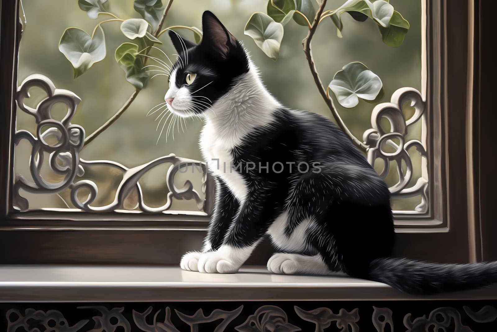 The little black and white feline watches the world outside, tail twitching with excitement.