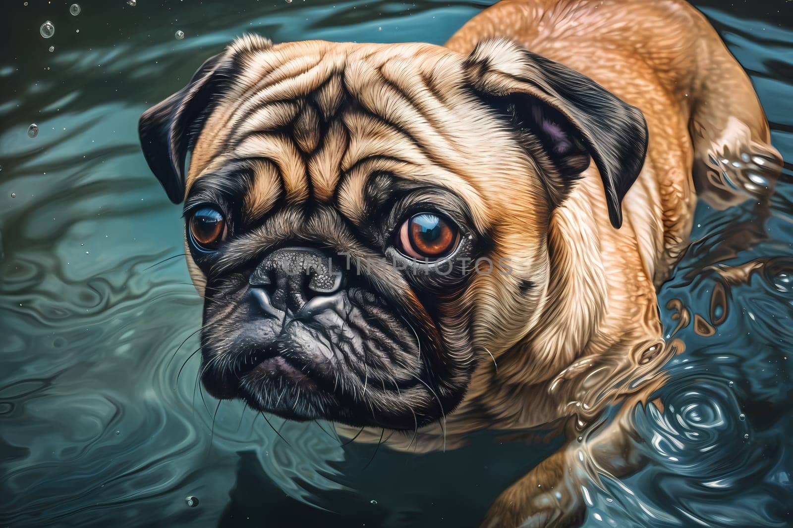 A chubby brown pug paddling in a pool on a sunny day, looking up at his owner with a big smile.