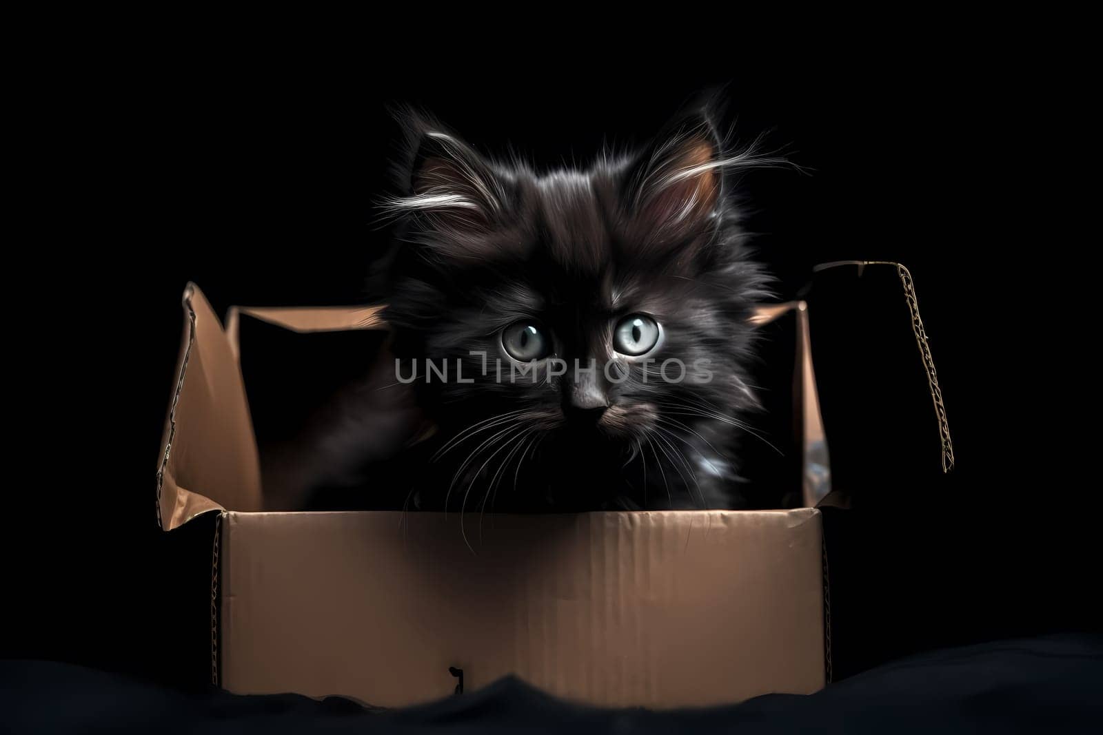 The tiny black ball of fluff is peeking out of a cardboard box, twitching its tail and playing a game of hide and seek.