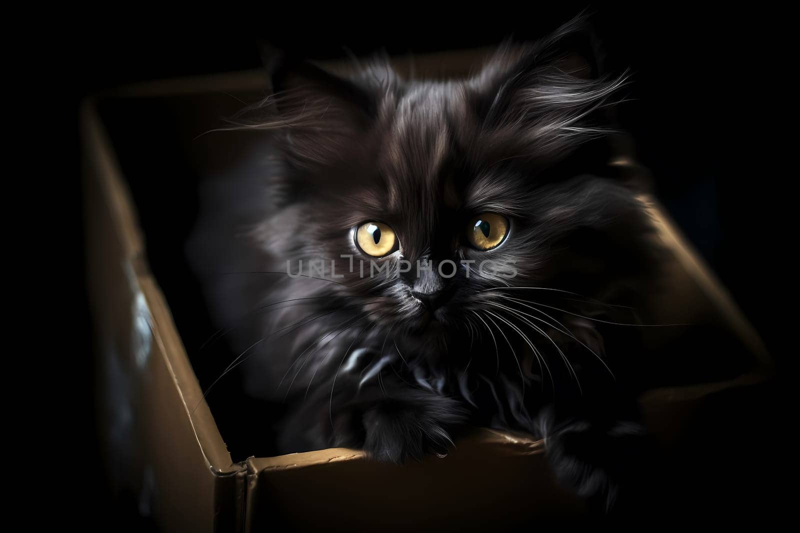 The tiny black ball of fluff is peeking out of a cardboard box, twitching its tail and playing a game of hide and seek.