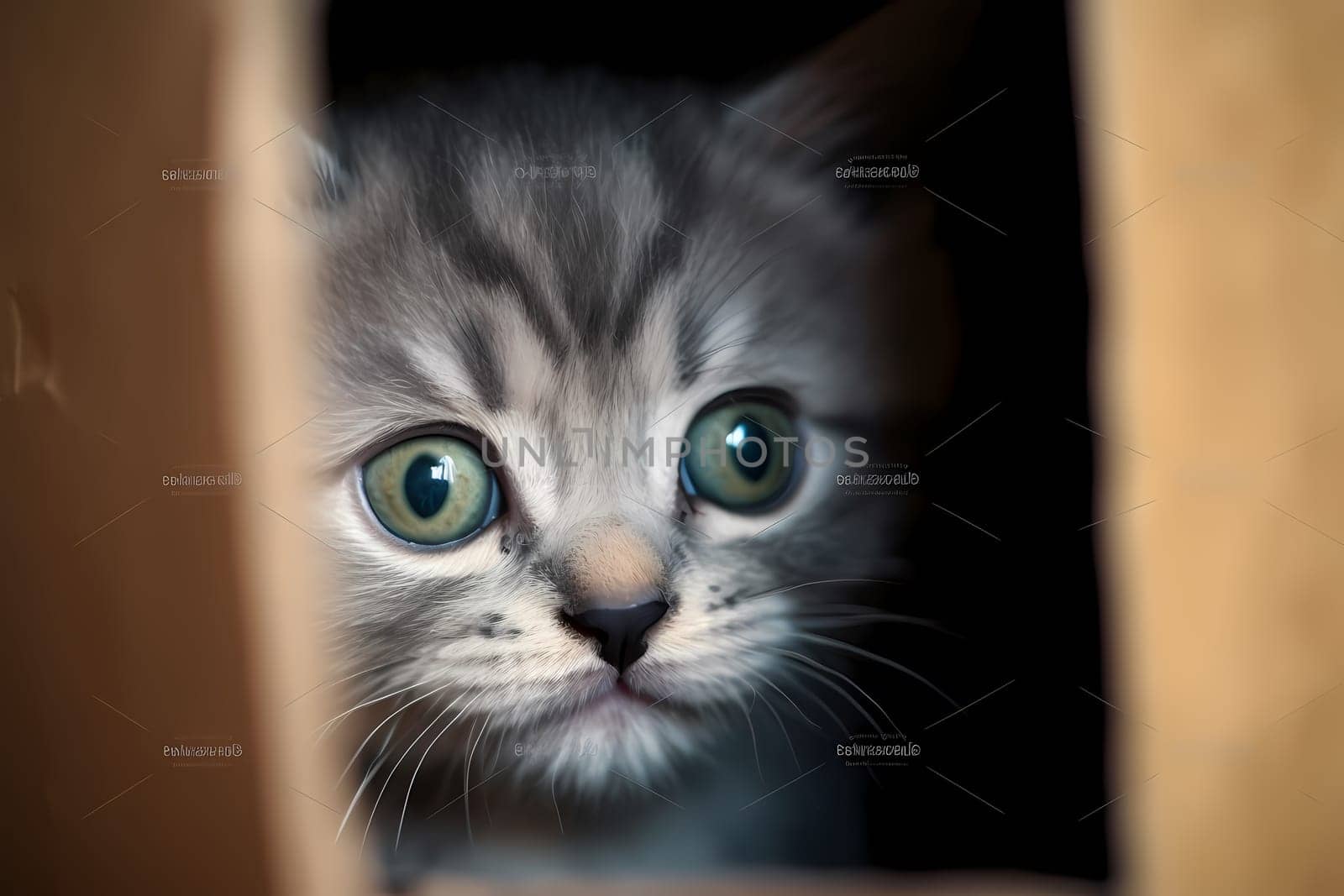 The kitten is hiding in a cardboard box, keeping an eye on the world from the safety of her cozy hideout.