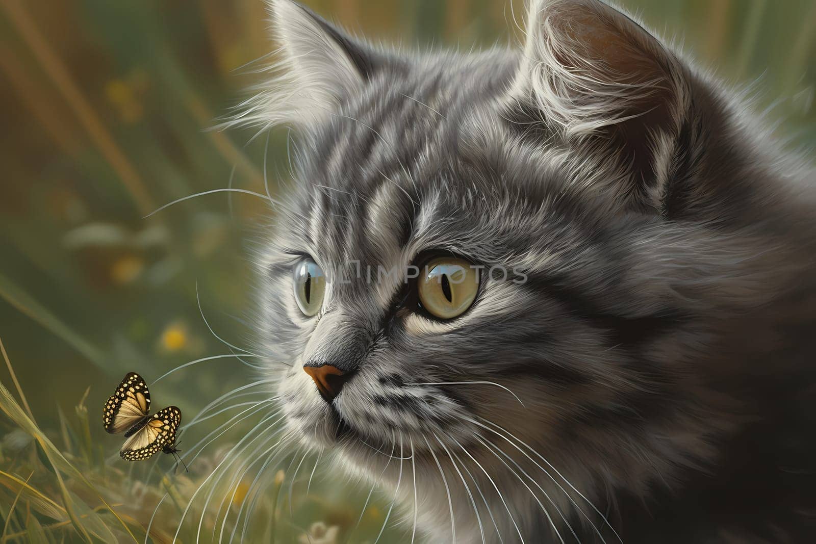 The curious kitten crouches low, slowly inching closer to the fluttering butterfly before pouncing towards it playfully.