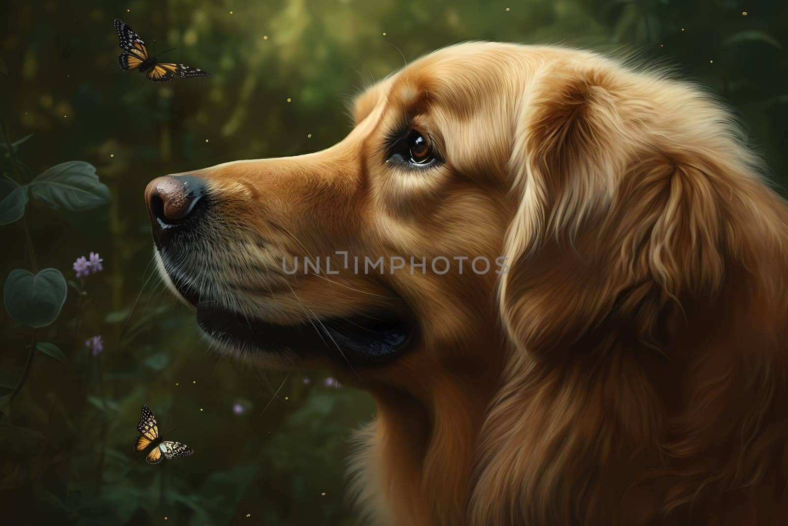 The golden retriever is jumping and chasing after a colorful butterfly in the garden.