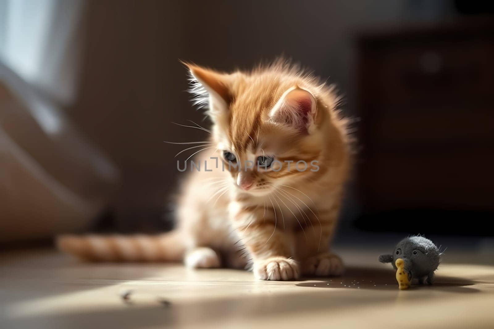 The little kitten is pouncing on the toy mouse, biting and clawing at it relentlessly, flipping it in the air and chasing it again.