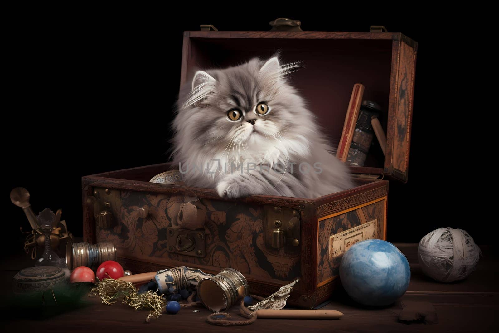 The fluffy kitten excitedly digs through the pile of toys, tossing each one around and pouncing on them with glee!