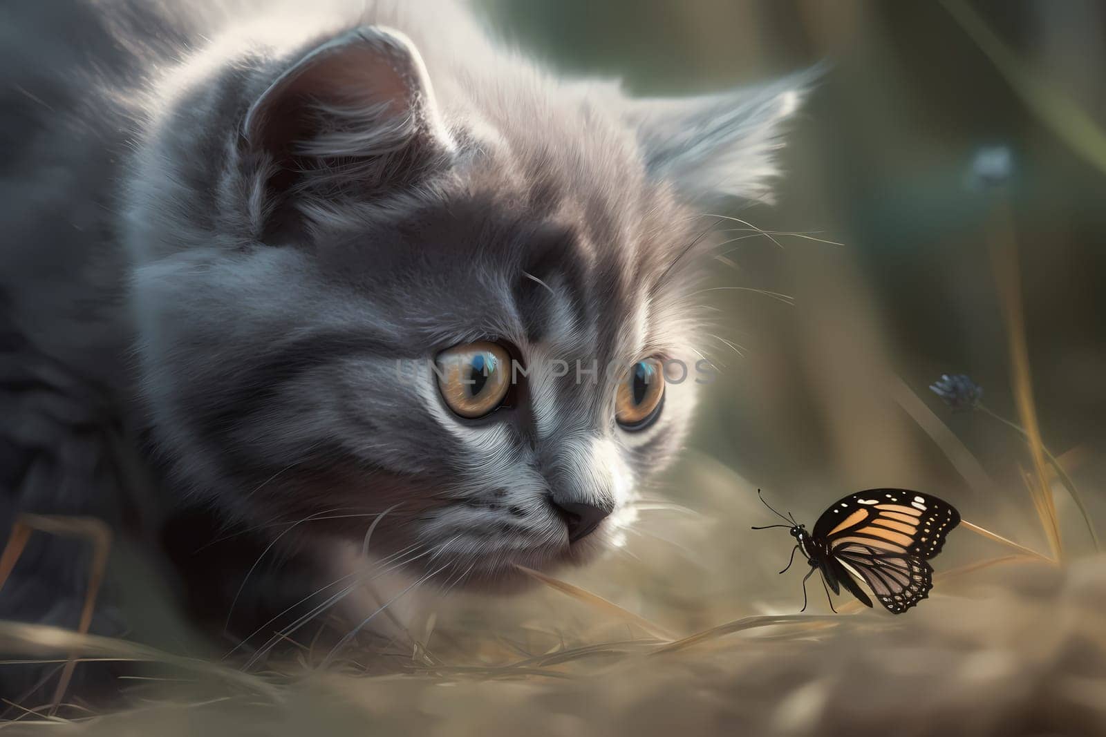 The curious kitten crouches low, slowly inching closer to the fluttering butterfly before pouncing towards it playfully.