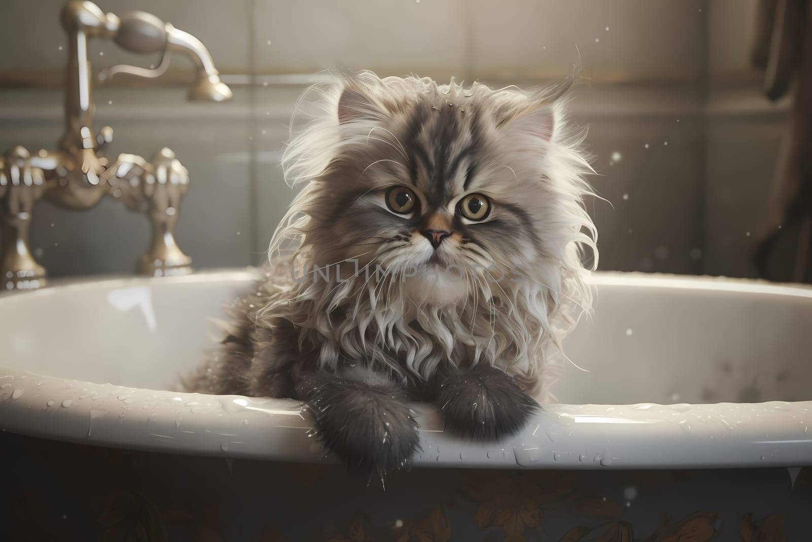 This pampered kitten is luxuriating in a warm bubble bath, with delicate flowers floating around her.