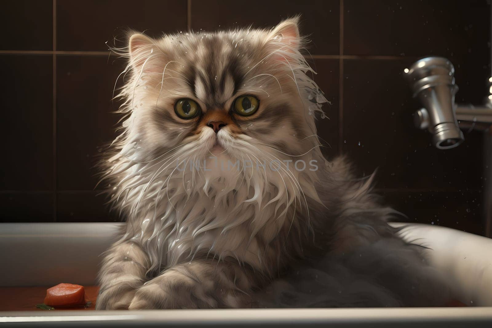 This pampered kitten is luxuriating in a warm bubble bath, with delicate flowers floating around her.